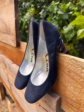 Nina New York Navy Suede Round-Toe Pumps with Striped Block Heel, Size 6.5